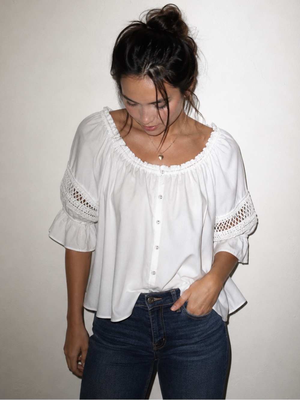 ✨ Ramy Brook New York Cotton Crochet Sleeve Peasant Blouse White Size Small